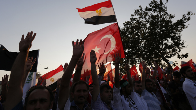 Mursi suporters waving Egyptian and Turkish flags.JPG
